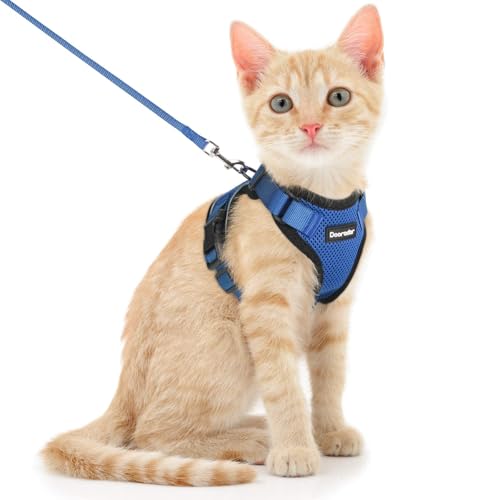 Image of Dooradar Cat Harness and Leash Set, Escape Proof Safe Adjustable Kitten Vest Harnesses for Walking, Easy Control Soft Breathable Mesh Jacket with Reflective Strips for Cats, Blue, XS