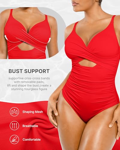 Image of SHAPELLX Tummy Control Swimsuits Women V Neck One Piece Bathing Suit Ruched Push Up Slimming Swimwear Built-in Bra