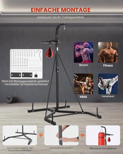 VEVOR 2 in 1 Boxsackständer Trainingsgerät Sandsackgestell aus Stahl, höhenverstellbare Boxsackhalterung (65 kg belastbar), Fitnessgerät Standboxtrainer Speedbag-Ständer für Fitness-Studio