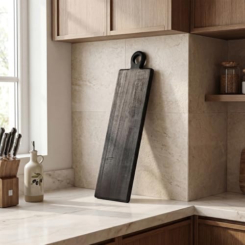 Image of 1 Pcs Acacia Wood Cutting Board with Handle 23.8 x 5.5'' Rectangular Shaped Charcuterie Chopping Board for Pizza Cheese Meat Decorative Black Wooden Serving Tray for Kitchen and Dining Room