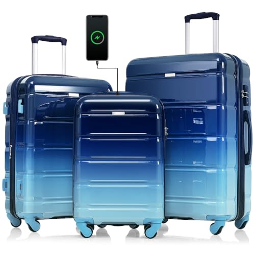 Luggage Set of 3, 20-inch with USB Port, Airline Certified Carry-on Luggage, ABS+PC Hard Shell Luggage with Spinner Wheels (Gradient Blue)