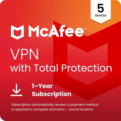 McAfee VPN with Total Protection | Secure Unlimited VPN 5 Devices |Antivirus and Cybersecurity Software 10 Devices |1- Year Subscription with Auto-Renewal |Download