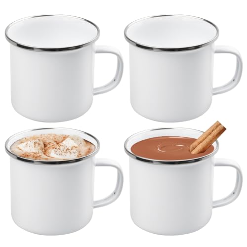 BORDEAG Set di 4 Bicchieri Smaltata Vintage, 350ml Tazze Smaltate Retrò, Tazze Smaltate, tazze in Metallo Smaltato Nessun Rivestimento per Caffè, Campeggio, da Campeggio Cofanetto Regalo Bianco