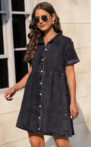 Image of Denim Dress for Women 2026 with Pockets Short Sleeve Jean Dresses for Women