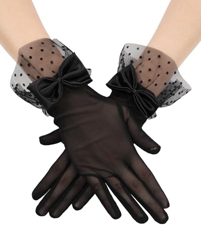 Aiphamy Women's Tulle Gloves with Satin Bow and Polka Dot Ruffle Cuffs –Elegant Evening Gloves for Prom Wedding Tea Party (Black, One Size)
