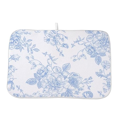 Baby Blue Chinoiserie Floral Dish Drying Mat 18 x 24 inch Vintage Flower Decorative Drying Mats Microfiber Absorbent Dish Washable Draining Mat for Kitchen Counter Decor