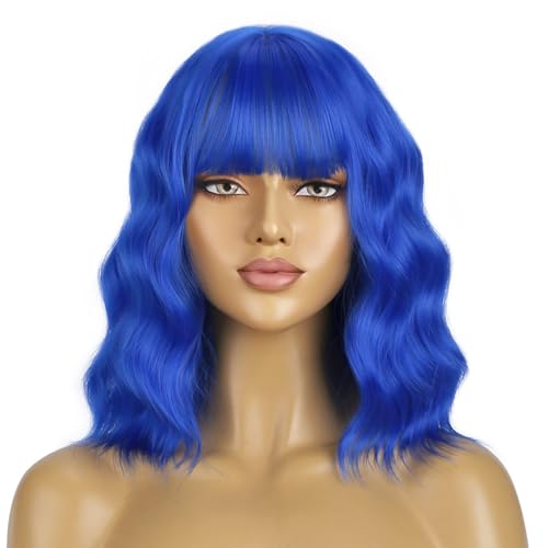 BERON 14 Inches Dark Blue Wig Short Curly Wig Women Synthetic Wigs Blue Wigs with Bangs Hairnet Included