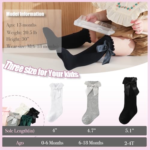MIREAZW Baby Knee High Socks Newborn Ruffle Bow Socks Infant Long Sock Toddler Girls Uniform Stockings Black 0-6 Months - Thumbnail 5