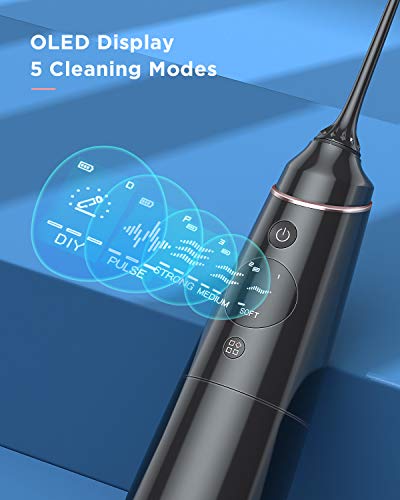 Liberex Cordless Water Flosser - 4 Preprogrammed + 10 DIY Modes, 300ML Tank Portable Waterproof Oral Irrigator, Digital Display, 5 Dental Jet Nozzles, Teeth Cleaner for Travel, USB Rechargeable