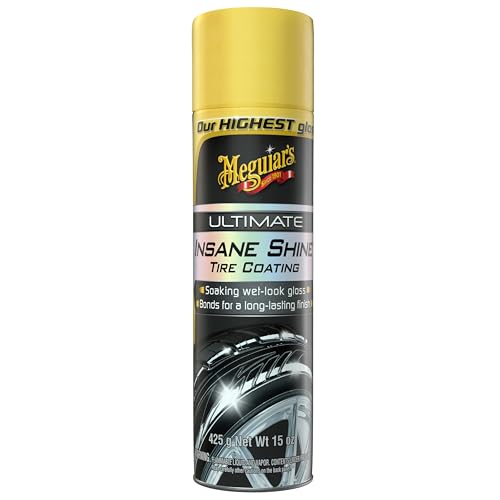 Meguiar’s G190315 Ultimate Insane Shine Tire Coating, gives a Finish that Creates a Lasting Wet-Look for a Classic Black Shine, Easy to Use, No Hassle, No Mess, Ultimate Protection, 15 Oz Aerosol Can