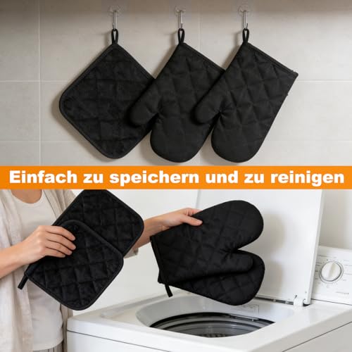 Ofenhandschuhe und Topflappen, 1 Paar Hitzebestaendig Ofenhandschuhe und 2 rutschfesten Topflappen, Baumwoll rutschfestenOfenhandschuh, Topflappens Handschuh Kochhandschuh für Kochen Backen Grillen (S