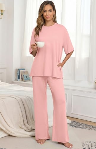 Image of PrinStory Womens Pajamas Sets 2 Piece Lounge Set Short Sleeve Tops and Long Pants Soft Pjs Loungewear with Pockets