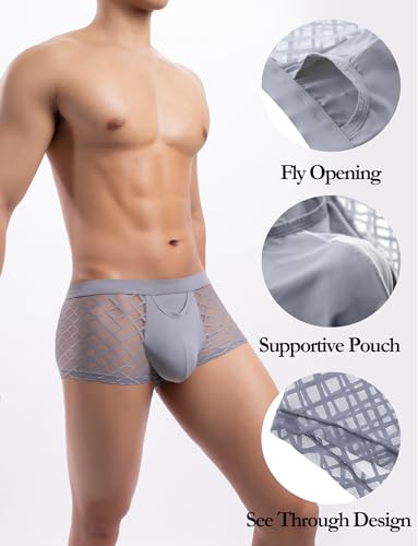 FEOYA Men's See Through Boxer Briefs Sexy Low Rise Bulge Pouch Trucks Mesh Sheer U Conves Lace Underpants3