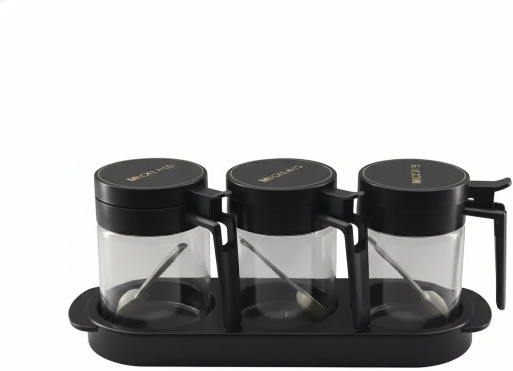 Dimitra 3 Pcs Glass Pickle Jar Set with Tray & Spoons | Transparent Condiment Container for Chutney, Achar, Masala, Sauces, Dry Fruits & Mukhwas | Kitchen Storage & Serving Set