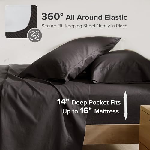Comfort Spaces 100% Cotton Sheets Queen, Breathable, Ultra Soft Cotton Sheets, Naturally Cool Cotton Bed Sheets with 14" Elastic Pocket Fits up to 16" Mattress, All Season Sheet Set, Black 4 Piece
