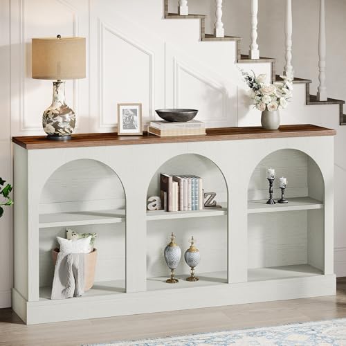 Image of Tribesigns Farmhouse Console Table, 63-Inch Long Entryway Table with 3 Tier Storage, Wooden Rectangular Sofa Table Behind The Couch for Entrance, Hallway, Living Room, Off-White and Brown