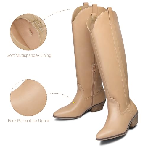festooning Women's Knee High Boots Pointed Toe Inner Zipper Western Cowboy Boots Pull On Chunky Heel Wide Calf Tall Boots for Ladies2