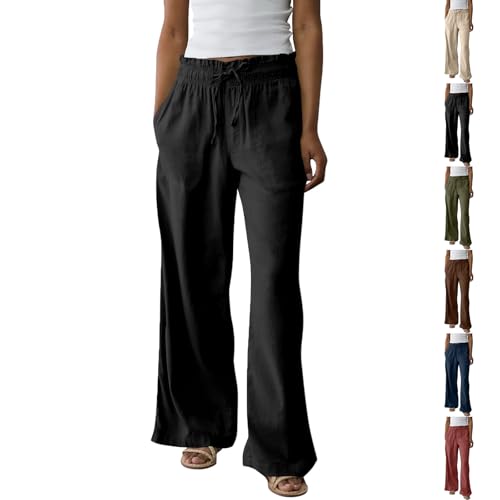 Cotton Linen Pants for Women 2025 Plus Size Wide Leg Cropped Lounge Trousers Drawstring Elastic Waist Summer Beach Pant
