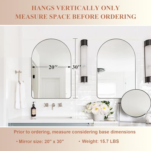 Image of ANDY STAR Arched Mirror, 20 inch x 30 inch Brushed Nickle Bathroom Mirror in Stainless Steel Metal Frame, Arch Top Rounded Corner 1 inch Deep Set Design Wall Mount Hangs Vertical