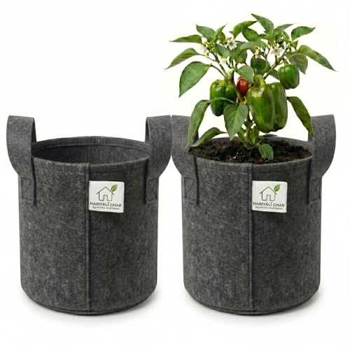 Image of 400 GSM Geo Fabric Round Grow Bags 12x12 Inch with Handle, Dark Grey Planting Bags for Terrace and Kitchen Gardening Pack of 2