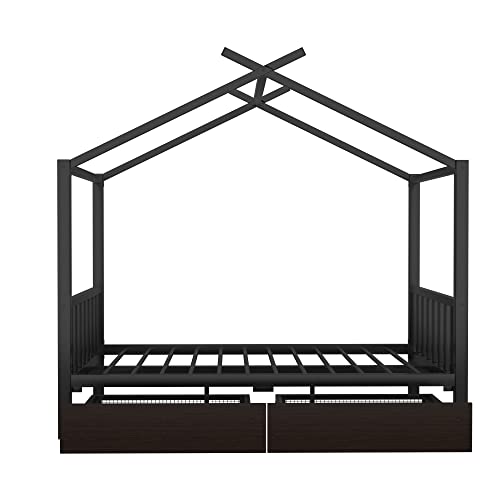 Citylight Full Size House Bed For Kids, Metal Full Platform Bed Frame With 2 Storage Drawers, Roof, Headboard And Footboard, Full Storage Canopy Bed For Kids, Girls & Boys, Black #TOP6