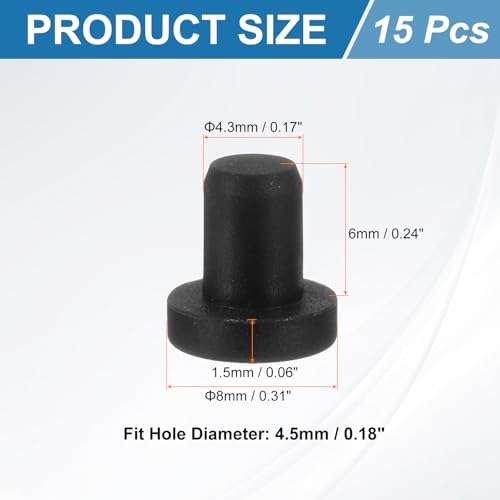 Image of uxcell 15Pcs Silicone Hole Plug, Waterproof Solid T-Shaped Rubber Stoppers Bottle Seal Tube Pipe Plug End Cap for 4.3mm /0.17 inch Hole for Bathtub Bottle, 0.24 inch Plug Height, Black