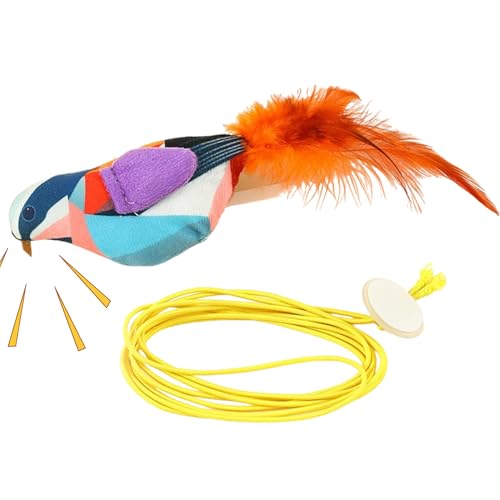 さえずる鳥 猫用おもちゃ,模擬さえずり飛翔動物,ロープ付き電気式バードトイ - 本能練習 アジリティトレーニング 採食 屋外 子猫一人遊び ペット誕生日用
