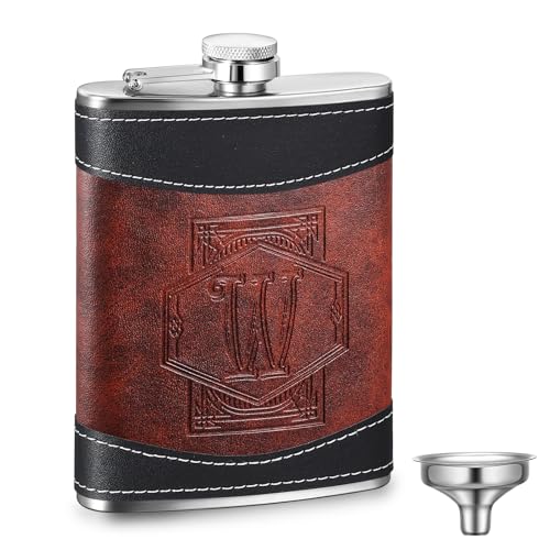 Baderke Personalized Groomsmen Flask 8 oz Leather Hip Flasks for Liquor with Initials, Monogrammed Leak Proof Stainless Steel Drinking Gift for Men Grandpa Dad Birthday Wedding(Letter W)