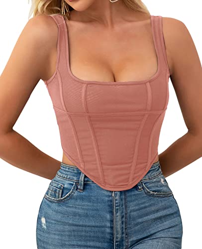 Women's Mesh Corset Top Square Neck Cute Casual Bustier Zip Back Trendy Going Out Tops #TOP12
