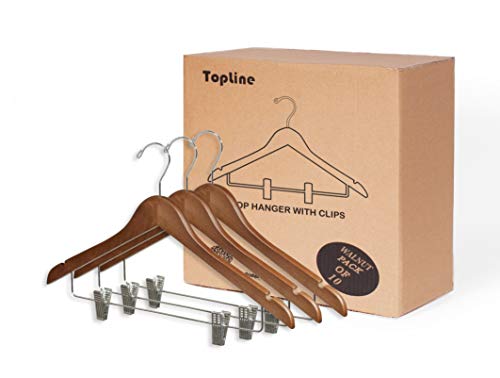 Topline Classic Wood Shirt Hangers With Clips - Walnut Finish (10-Pack) #TOP11