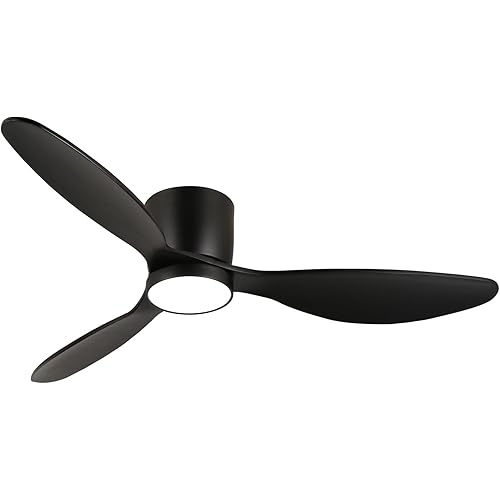 reiga 52 Inch Wood Black Modern Flush Mount Indoor Ceiling Fan with Light and Remote, 3 Propeller Blade, Quiet DC Motor for Bedroom Living Room