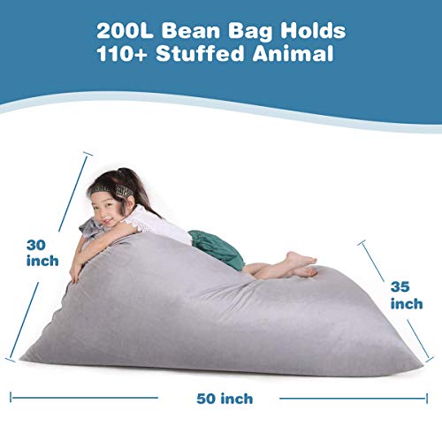 Stuffed Animal Storage Bean Bag Chair for Kids and Adults. Luxury Velvet Stuffie Seat - Cover ONLY( Grey 200L/52 Gal )