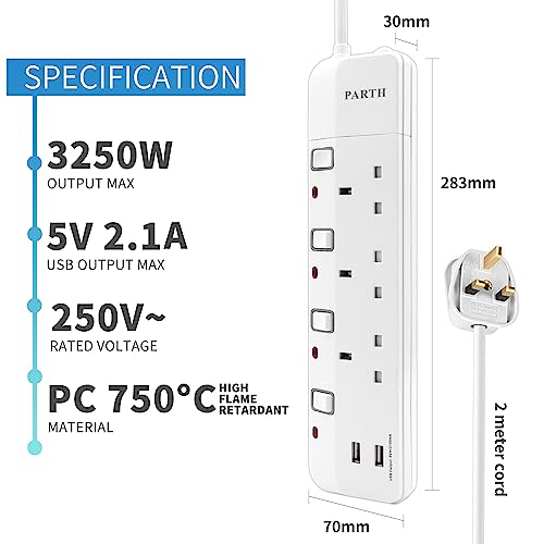 PARTH 2M Extension Lead with USB Slots 3 Way, 2 Metre Long Extension Cable 3 Gang 13A Multi Plug Extension Socket with Individual Switches, Wall Mount Heavy Duty Extension Cord for School Home Office - Image 3