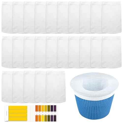 ZOCONE 40PCS Blanco Calcetines Skimmer Piscina Filtro Reutilizables Calcetines Skimmer Universal con Papel de Prueba de PH Calcetines para Cesta Piscina Bolsas para Filtros para Capturar Hojas Cabello
