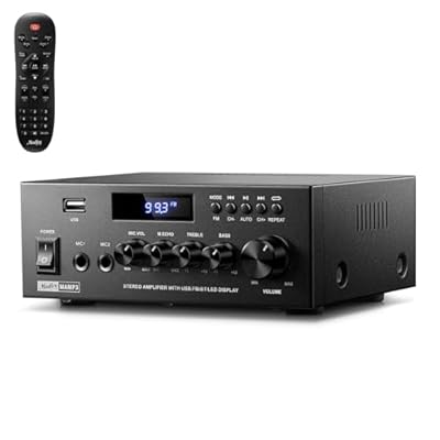Moukey Amplifier Home Audio, 2.0 Channel Stereo Receivers with Bluetooth 5.3, Full Function Remote, FM, RCA, USB, 2 Mic in, 300W Peak Power, for Karaoke, Garage, Home Theater, MAMP3
