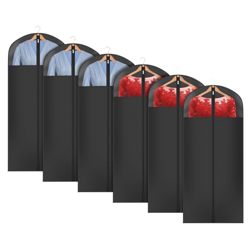 Image of Univivi Long Garment Bags for Hanging Clothes, 54 inch Dress Bags for Gowns Long for Closet Storage with Large Visible Window for Long Suits, Coats, Dresses, 6 Pack, Black
