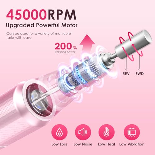 Image of Professional Electric Nail Drill 45000RPM Cordless Nail File | Portable & Rechargeable, 11 Drill Bits, for Shaping, Polishing & Removing Gel Nails for Salon Home (Pink)