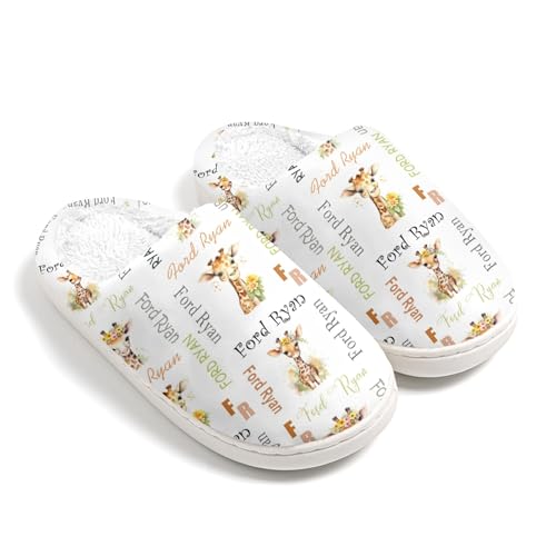 Personalized Name Slippers for Women/Men/Boys/Girls Custom Giraffe Cotton Slippers Memory Foam Non-Slip Fluffy Winter House Shoes Indoor and Outdoor Unisex Home Slippers