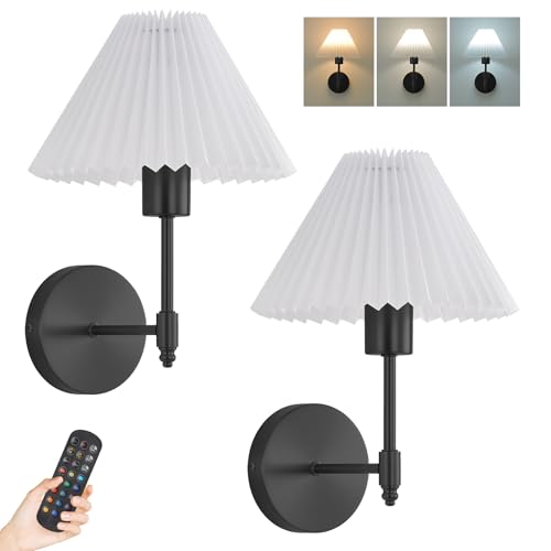Image of Battery Operated Wall Sconces Set of 2,Black Rechargeable Wall Lights with Remote,Dimmable Wall Lamp with Pleated Shades,15 Colors Wireless Bathroom Vanity Wall Light for Bedroom Living Room Hallway