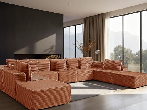 Image of 168 inch Cloud Sectional Couch, Comfort U Shaped Sofa for Living Room, Extra Deep Seats No Assembly, Minimalist Modular Couch, Corduroy (Deep Orange, 9 Seats,U-Shape A)