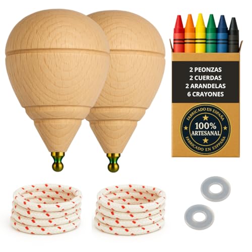 Peonza madeira para crianças pack de 2 trompetes + 6 ceras coloridas 2 arruelas | feito à mão em Espanha com ponta redonda.