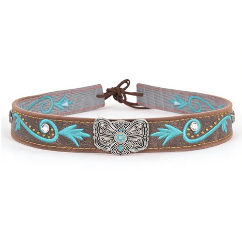 Kalerona Western Embroidered Cowboy Hat Band with Vintage Metal Accent Adjustable Turquoise Rhinestone Faux Leather Hat Band for Men & Women Classic Western Style Cowboy Hat Accessory