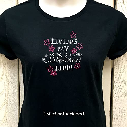 Flowery Living My Blessed Life Christian Faith Design Sparkly Pink Rhinestud Flowers Iron-On Clear Crystal Rhinestone Transfer #TOP2