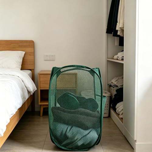 Image of Larpur Pop Up Laundry Hamper Collapsible Mesh Clothes Basket, Dark Green | Portable Laundry Hamper Foldable Dirty Clothes Hamper Storage for Home, Dorm, Travel, Cruise