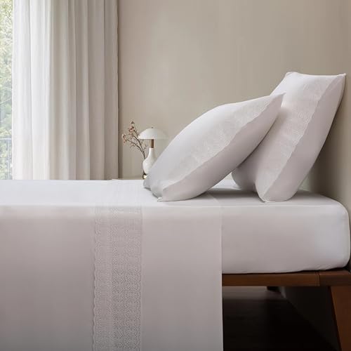 Casa da Laura - (800 Hilos Juego de Sábanas 100% Algodón Satén Blanco Bordado – Picote - 800 Hilos - 100% Algodón Satinado - Cama 200 2 Almohadas 50 x 100 cm - Fabricado Portugal
