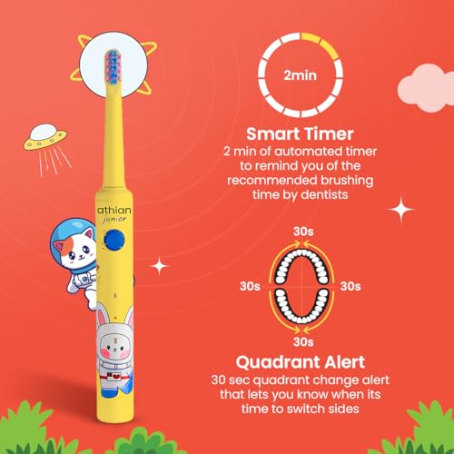 Image of athian UltraSonic Electric Toothbrush for Kids with 2 Brush Heads 40,000 VPM Electric Motor & Rechargeable battery - 4 Super Brushing Modes & Smart timer (2 Brush Heads) (Yellow)