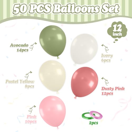 Image of Sage Green Pink Balloons, 50 Pcs for Girls Birthday Garden Jungle Party