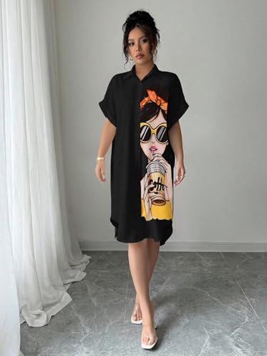 Image of Women's Graphic Print T-Shirt Dress | Stylish Oversized Longline T-Shirt for Women & Girls | Casual Printed Long Top | Trendy Beach & Resort Wear Western One Piece Dress (25 D-1 BLACK-2XL)