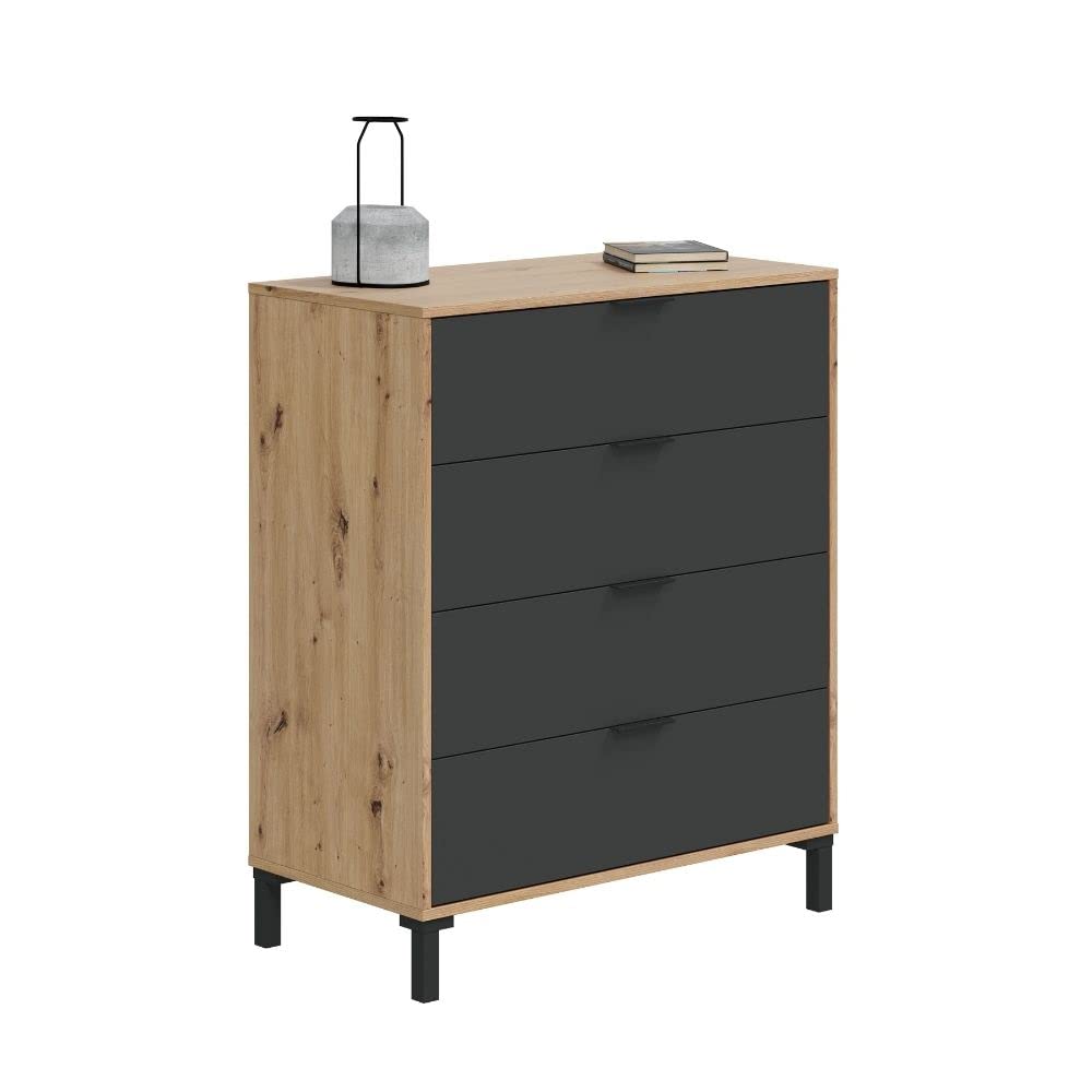 Mobelcenter, Conjunto Dormitorio Matrimonio Enzo, Color Roble Nodi y Gris Antracita, Cabezal para Camas de 135 y 150 cm, 2 Mesitas 3 cajones y Cómoda 4 cajones (1327, 1328)