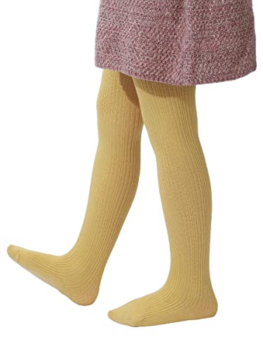 Image of Paralinda Girls' Cotton Tights - Toddler Cable Knit Footed Tights (Pattern A Yellow, 6-12M)